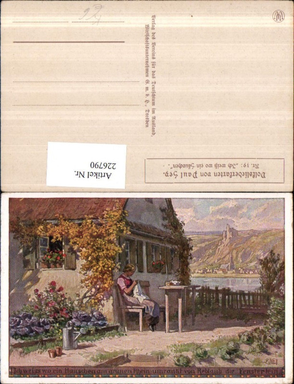 226790,Künstler AK Paul Hey 39 Ich weiß wo ein Häuschen Lied Frau b. Sticken pub Verein f. d. Deutschtum i. Ausland V