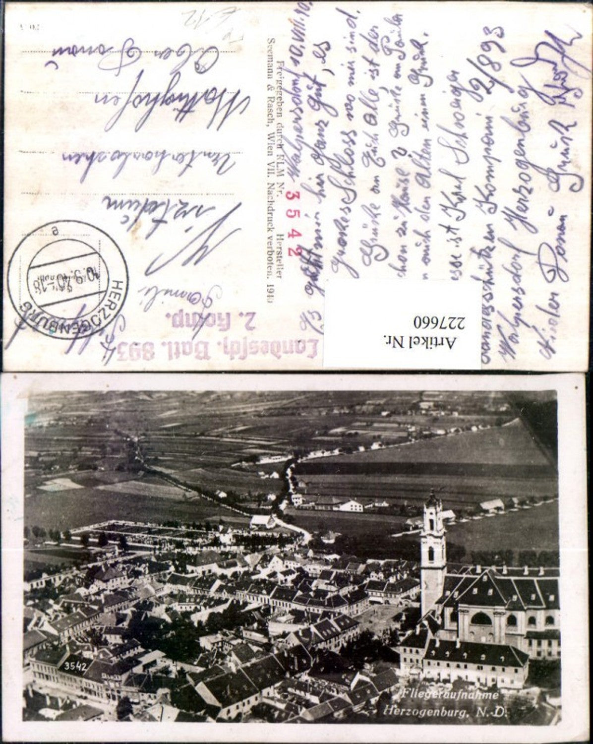227660,Herzogenburg Totale Fliegeraufnahme 3542 Feldpost Landessch. Bataillon 893 2. Kompanie