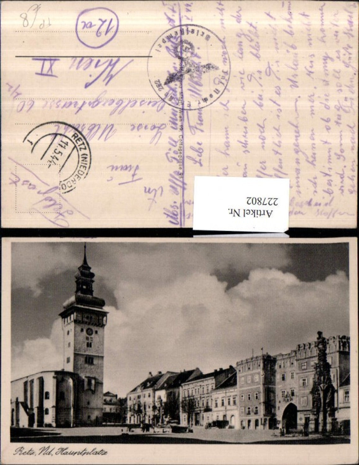 227802,Retz Hauptplatz Platz Säule Turm Feldpost Infanterie Ersatzkompanie 262