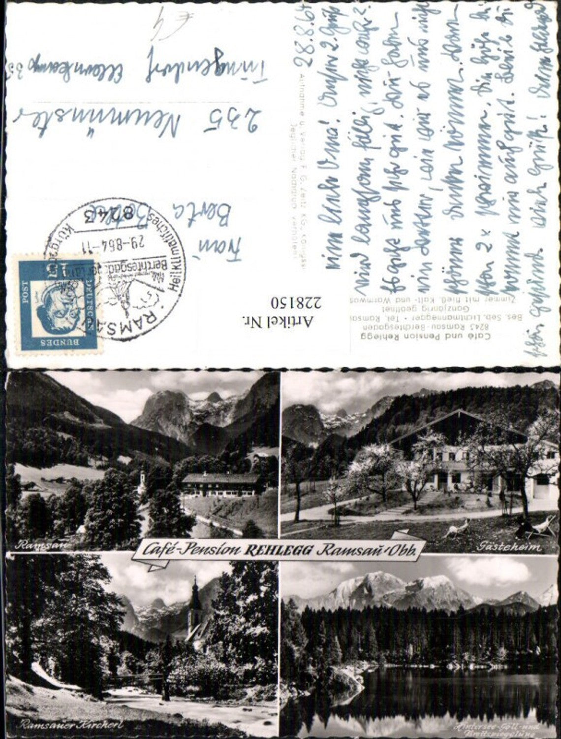 228150,Cafe u. Pension Rehlegg b. Ramsau Berchtesgaden Gästeheim Hintersee Kirche Mehrbildkarte
