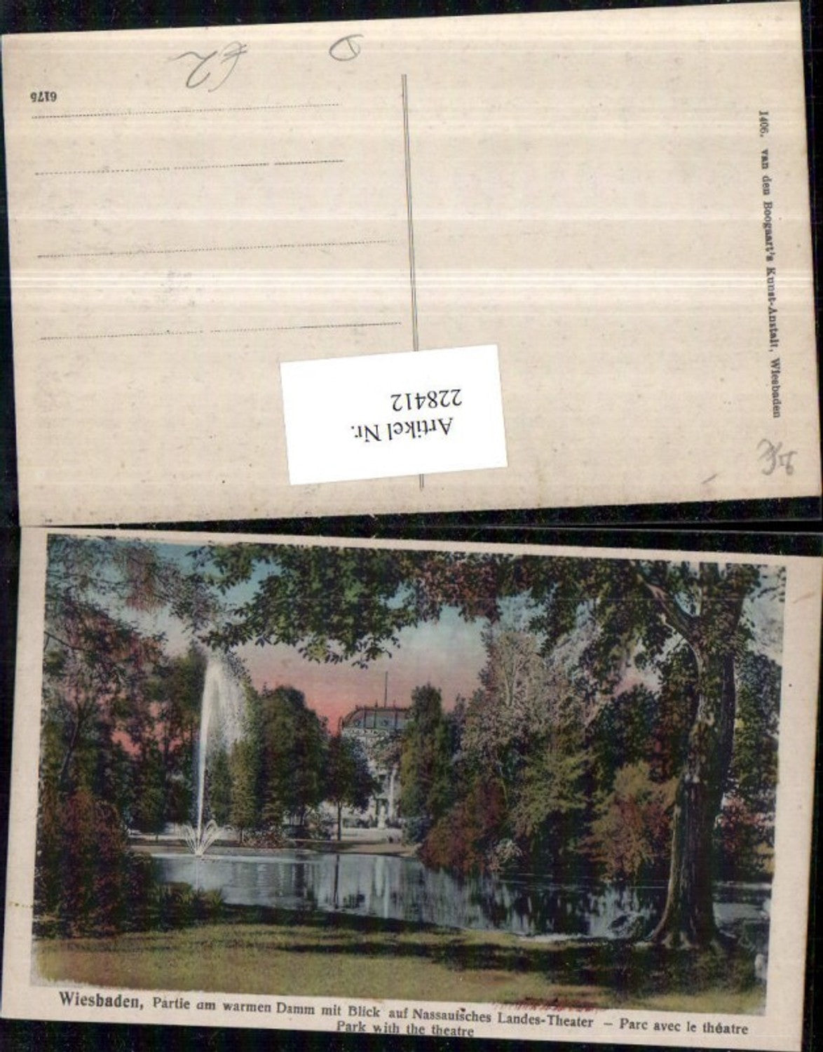 228412,Wiesbaden Partie am warmen Damm m. Blick auf Nassauisches Landes-Theater Fontäne