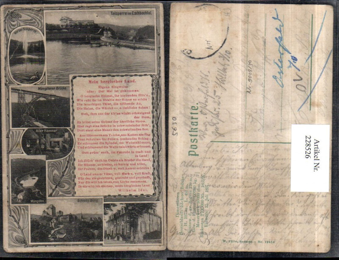 228526,Talsperre im Eschbachtal Müngstener Brücke Alter Hammer Schloss Burg Mehrbildkarte Text