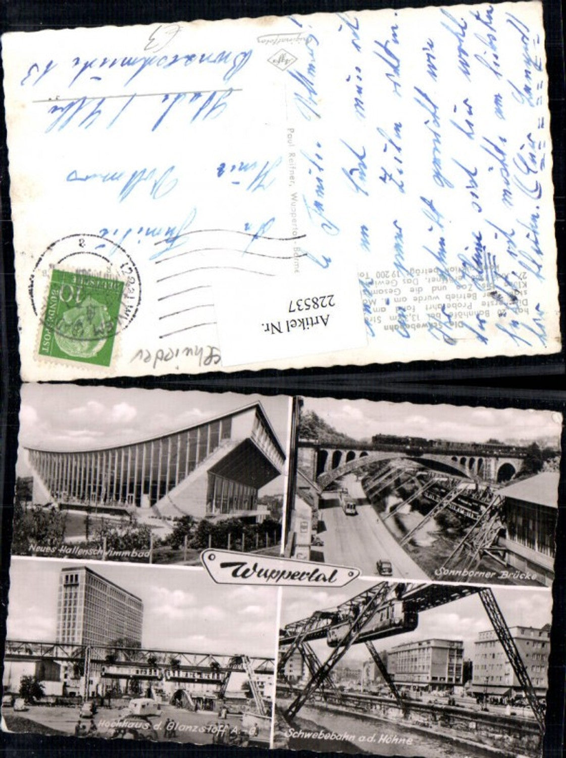 228537,Wuppertal Schwebebahn a. d. Höhne Sonnborner Brücke Hallenschwimmbad Hochhaus Mehrbildkarte