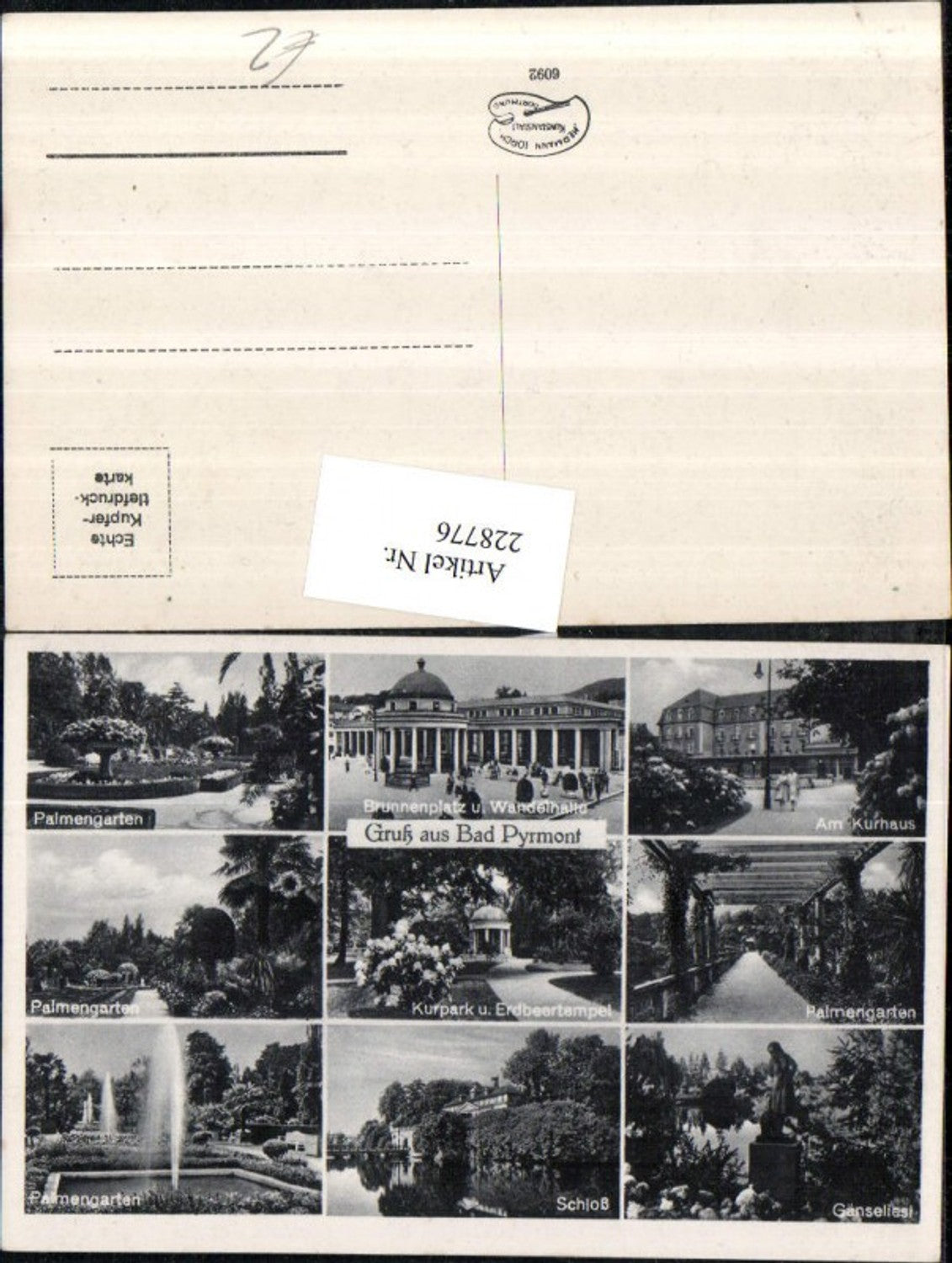 228776,Bad Pyrmont Brunnenplatz m. Wandelhalle Kurhaus Schloss Kurpark Palmengarten Gänseliesl Mehrbildkarte