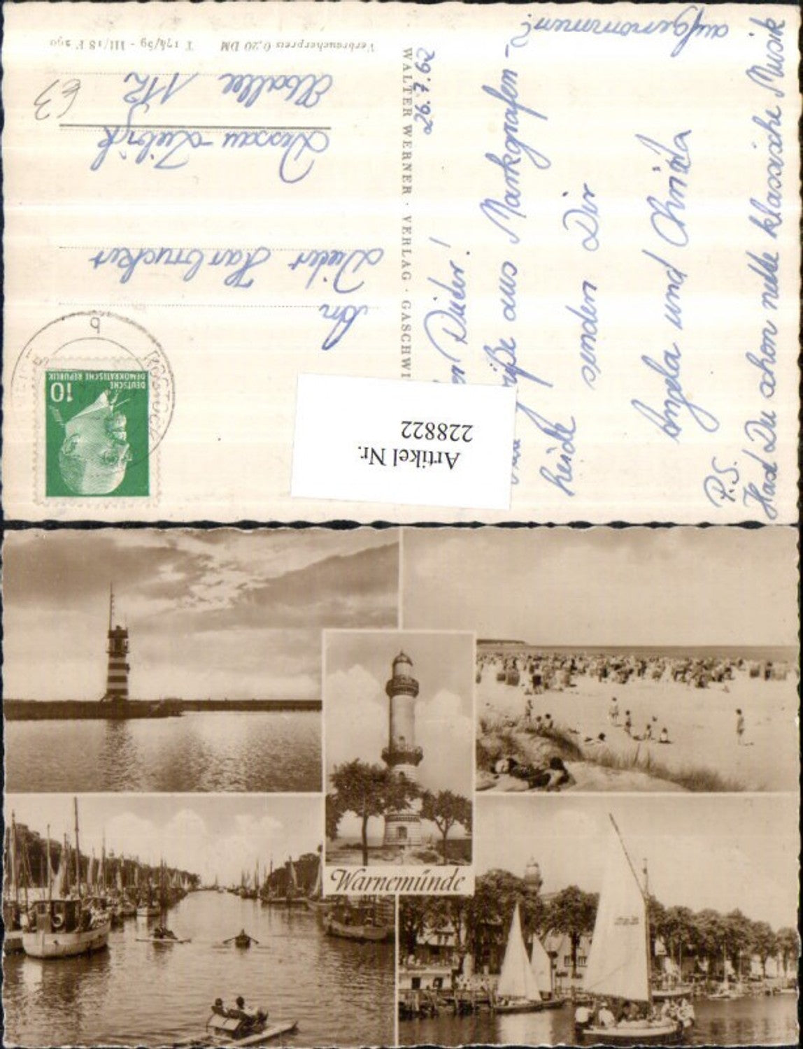 228822,Warnemünde Leuchtturm Turm Strandleben Segelboote Strand Mehrbildkarte
