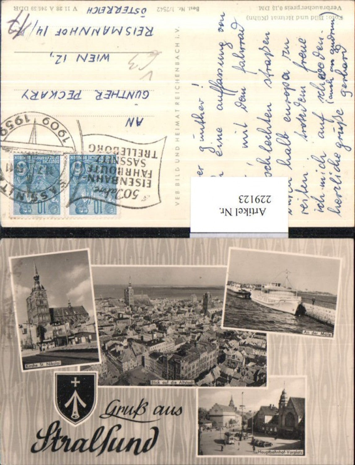 229123,Gruß aus Stralsund Totale Altstadt Kirche St. Nikolai Hauptbahnhof Bahnhof Schiff Mehrbildkarte pub VEB 1/2542