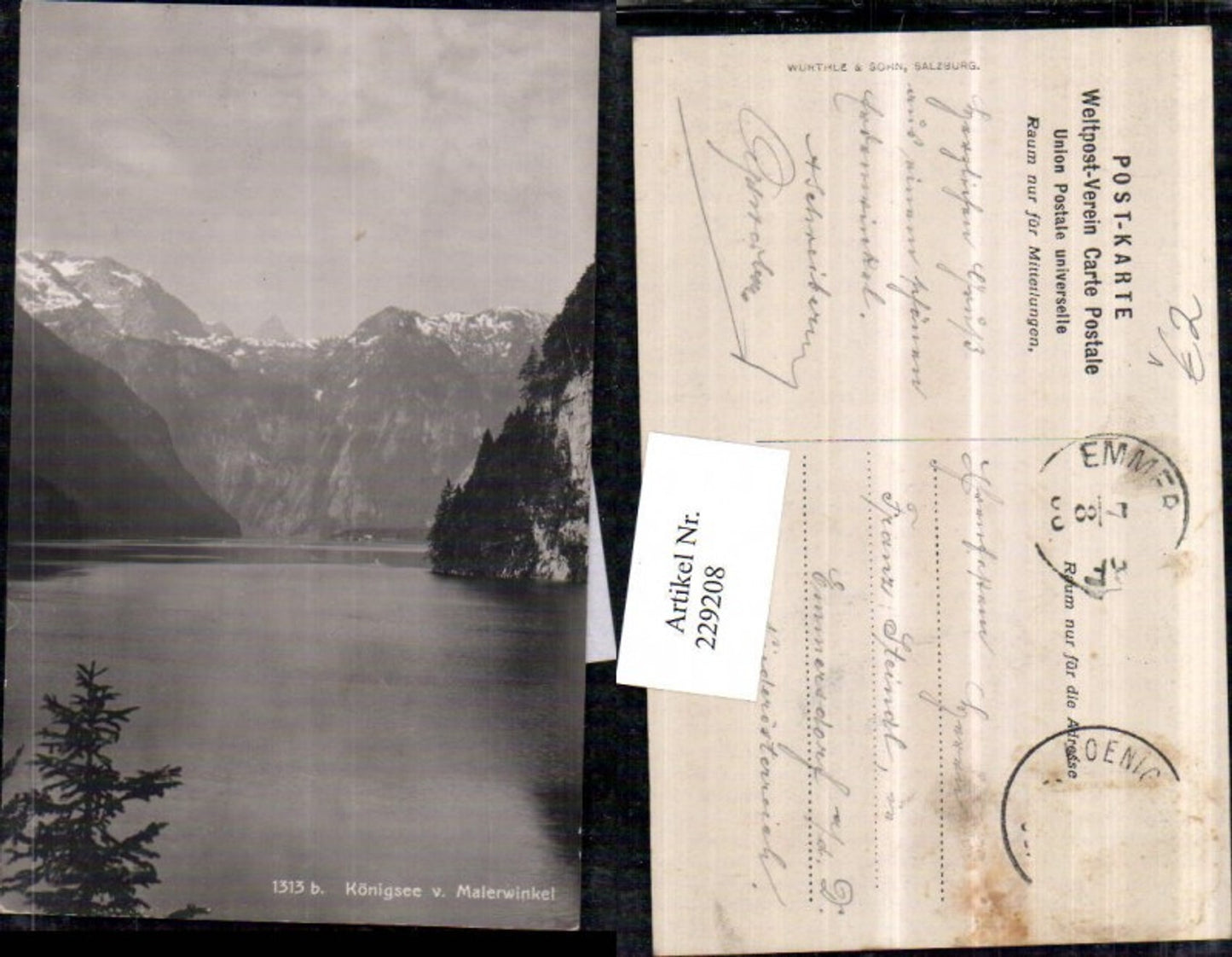 229208,Königssee b. Schönau v. Malerwinkel Bergkulisse Berchtesgaden pub Würthle & Sohn 1313 b