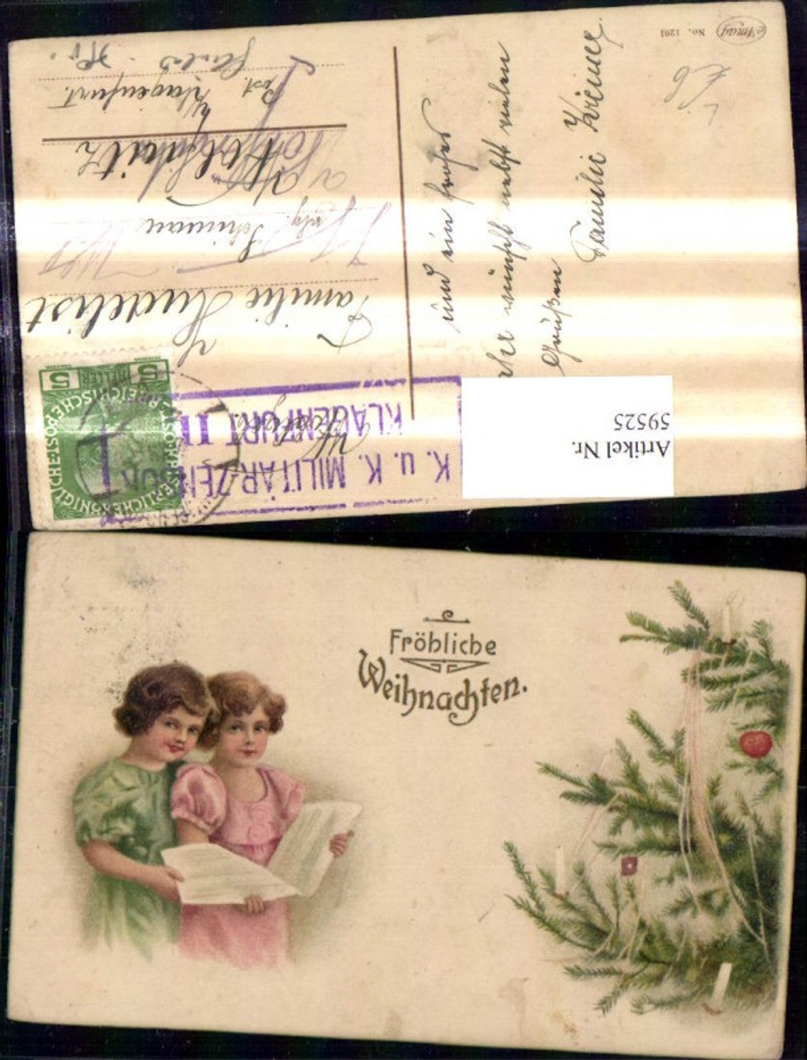 59525,Künstler Litho Weihnachten Mädchen m. Notenblatt Christbaum Weihnachtsbaum