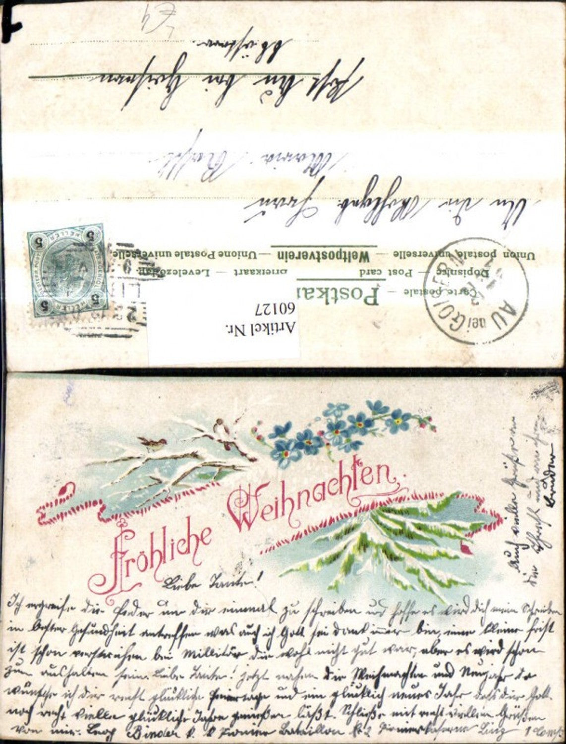 60127,Künstler Litho Weihnachten Zweig m. Schnee Vögel Blumen