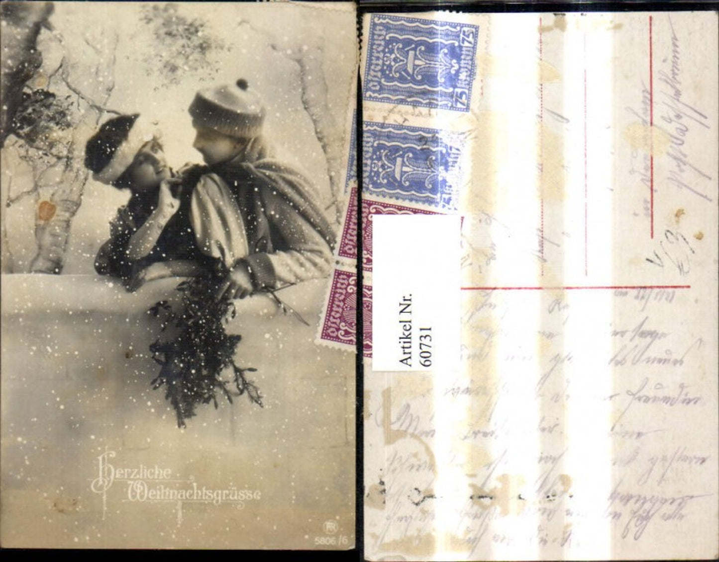 60731,Weihnachten Paar Umarmung b. Mauer Tannenzweig Schneefall Schnee pub RPH 5806/6