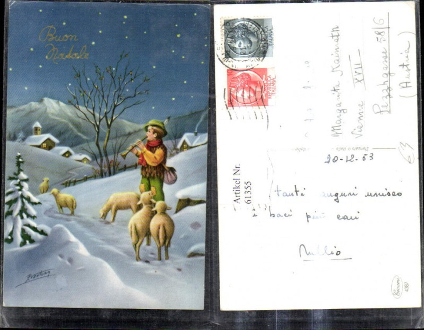 61355, Artist Ak Christmas Shepherd Sheep playing flute from winter village at night