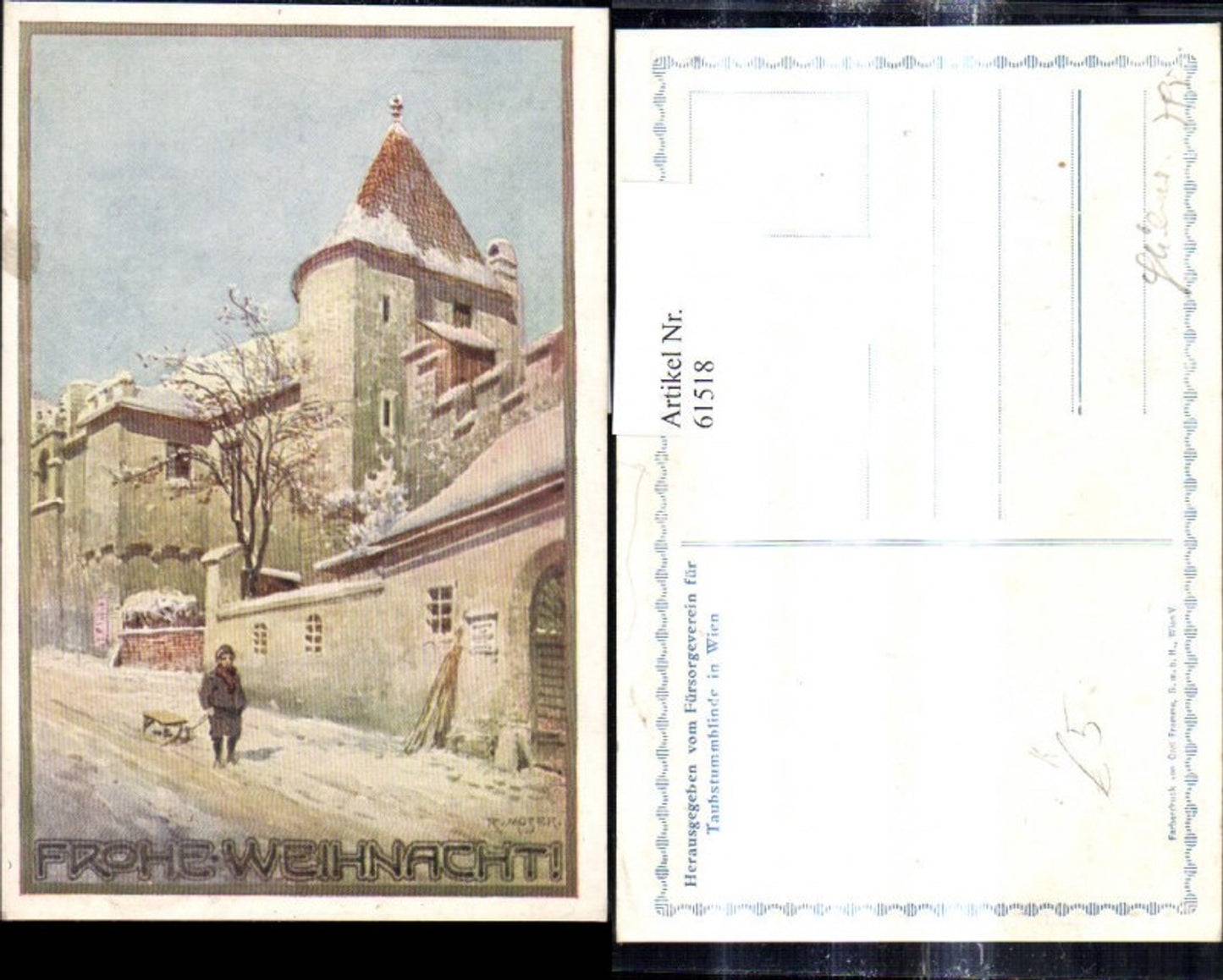 61518, Artist Ak R. Moser Christmas Street View Child with Sled