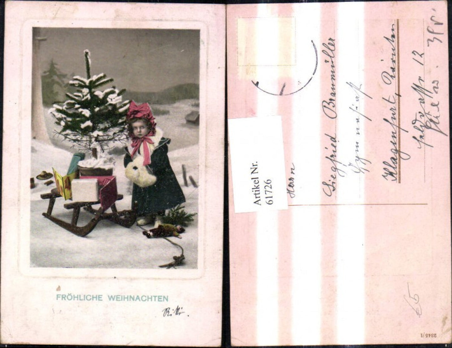 61726, Christmas Girl Muff with Sled Gifts Packages Fir Tree Doll Passepartout