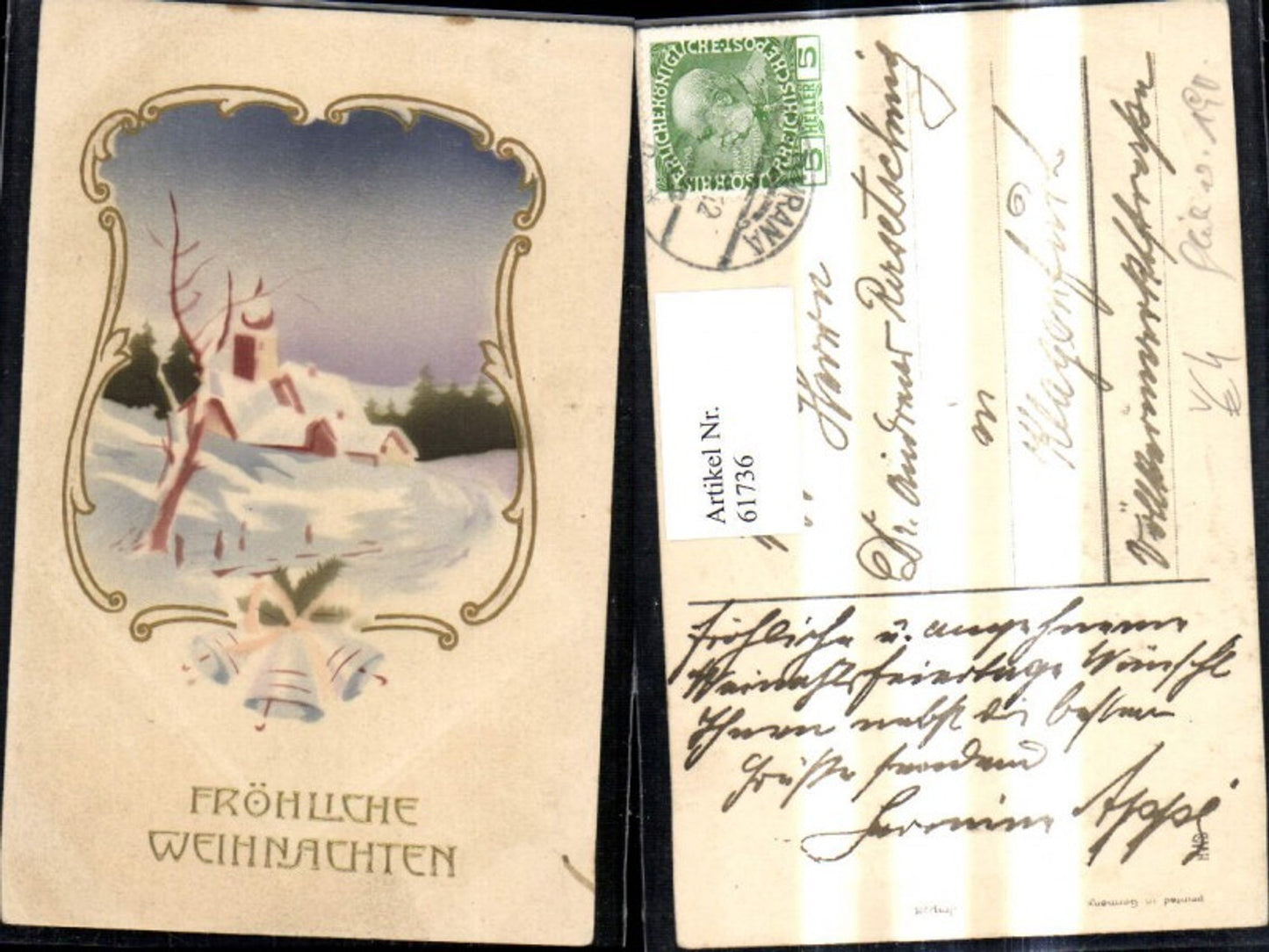 61736, Artist's embossing postcard Christmas winter village bells passe-partout pub HWB