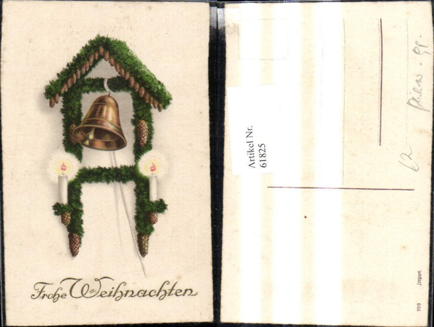 61825, Christmas pendulum clock, clock with fir branches, cones, bell, and candles