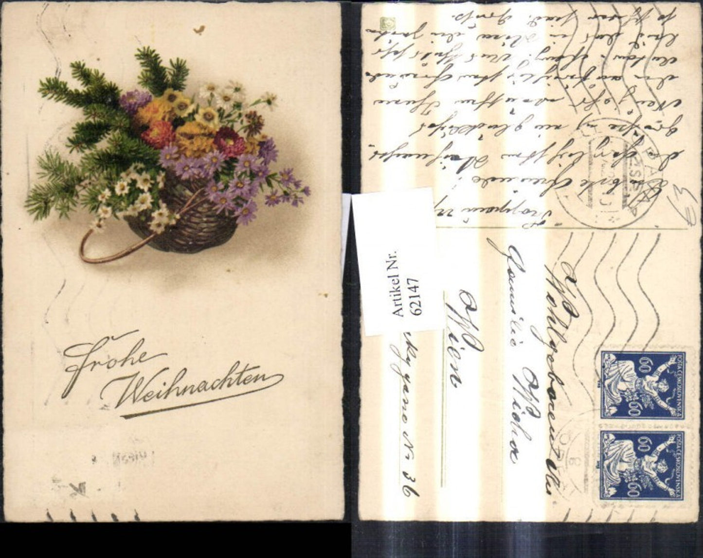 62147, Christmas basket with flowers and fir branch