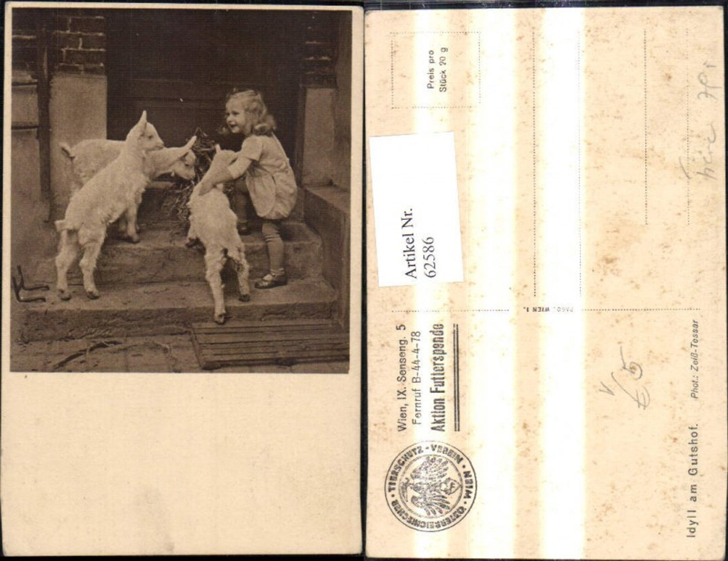 62586,Österreichischer Tierschutzverein Mädchen m. Ziege v. Tür Stroh Idyll a. Gutshof