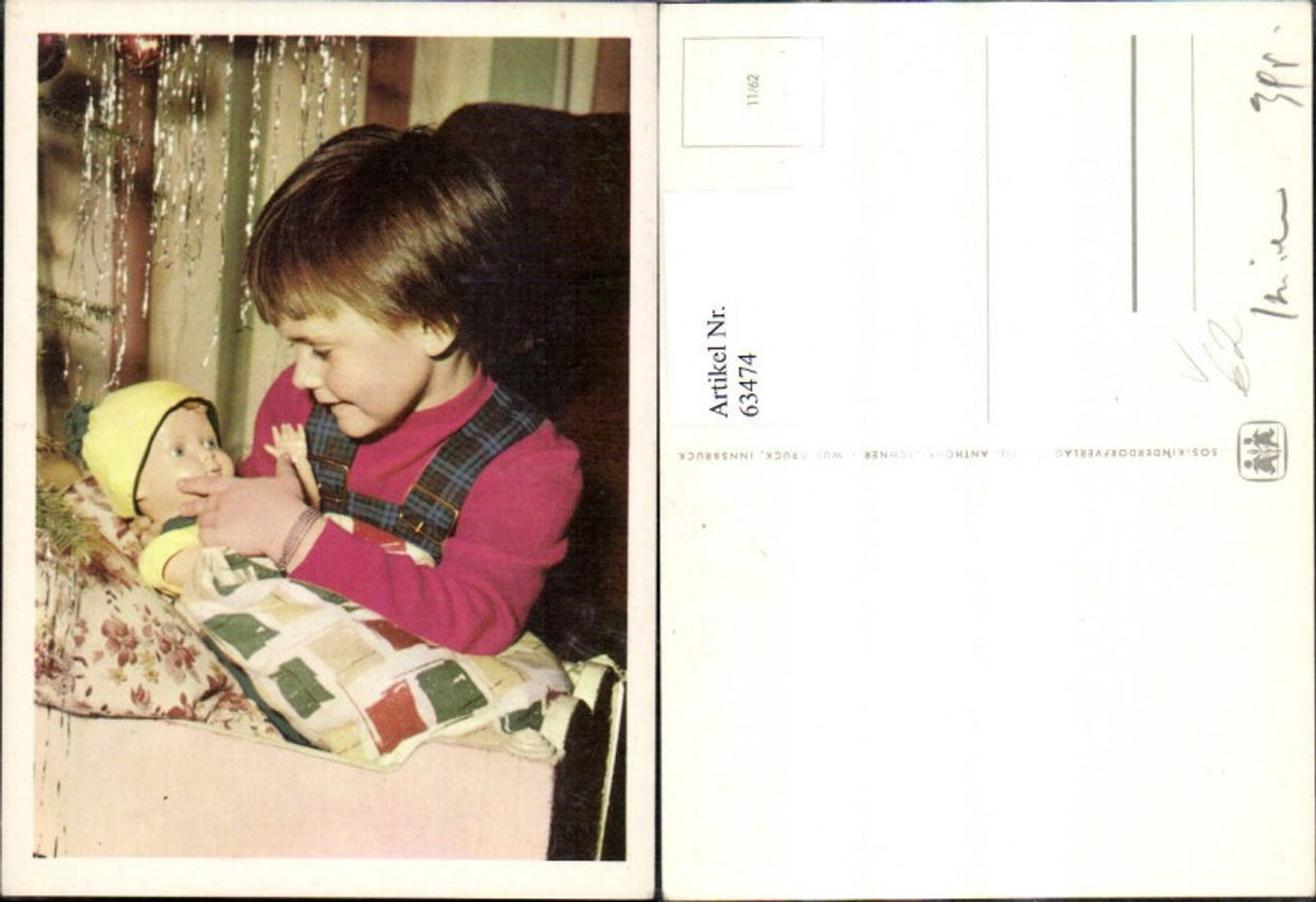 63474,SOS Kinderdorf 11/62 Mädchen m. Puppe b. Christbaum Weihnachtsbaum Weihnachten