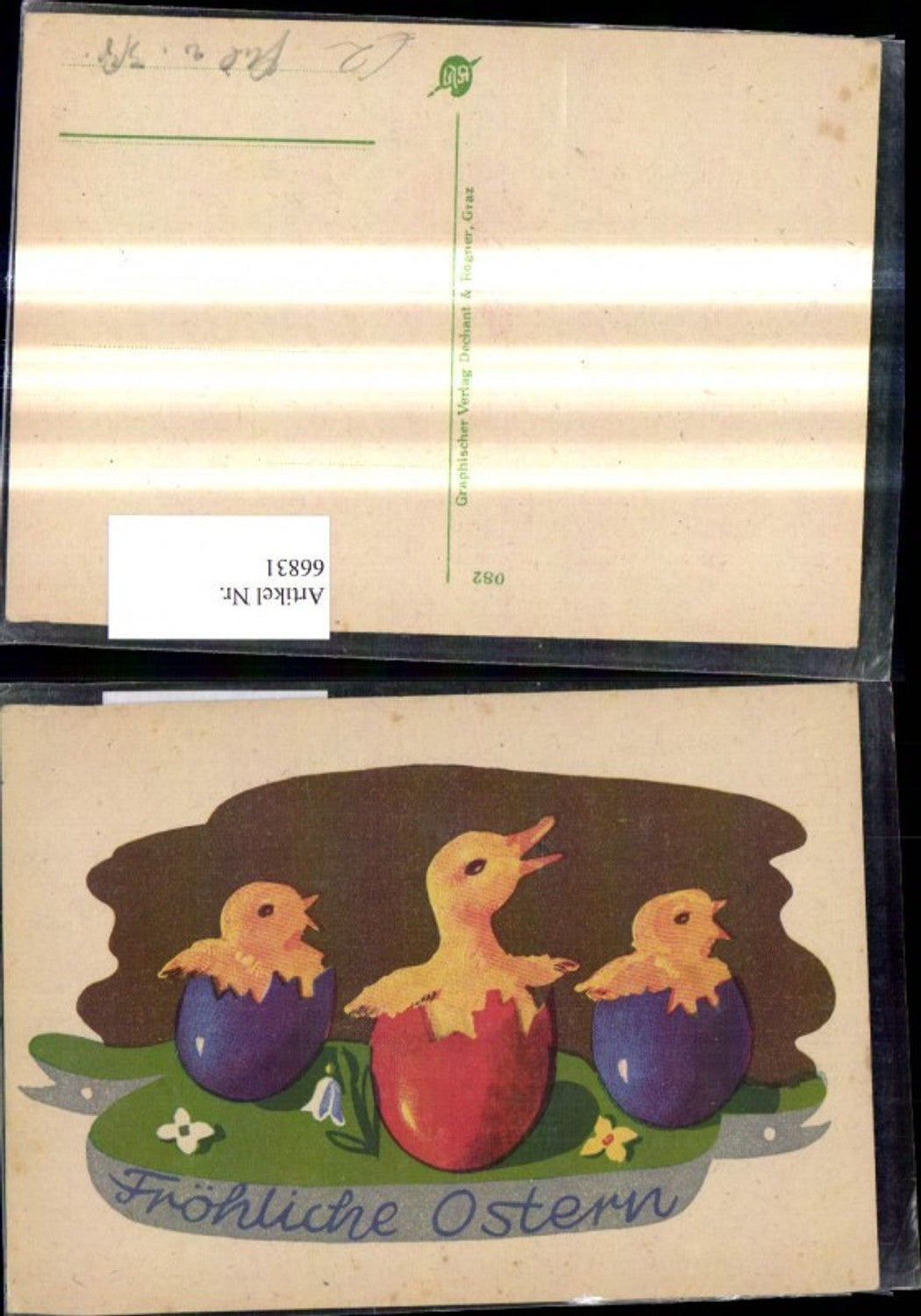 66831,Künstler Ak Ostern Küken schauen a. Ostereier