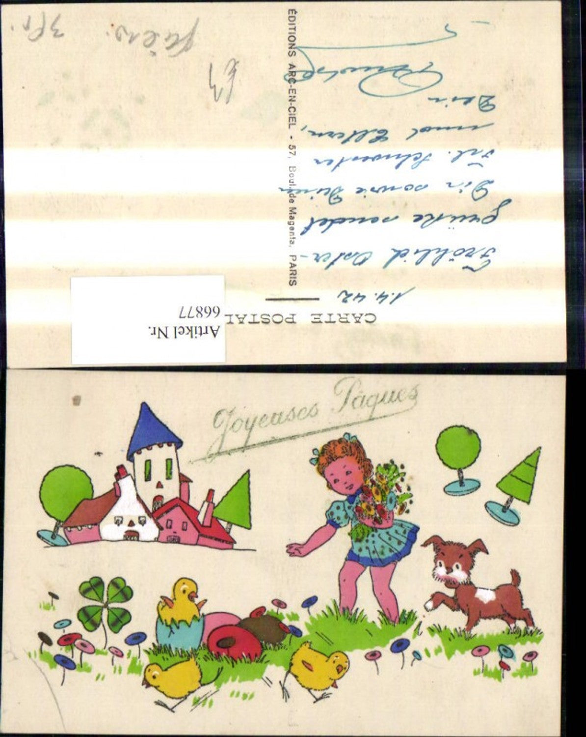 66877,Künstler Ak Ostern Mädchen Hund Wiese Küken Ostereier Häuser