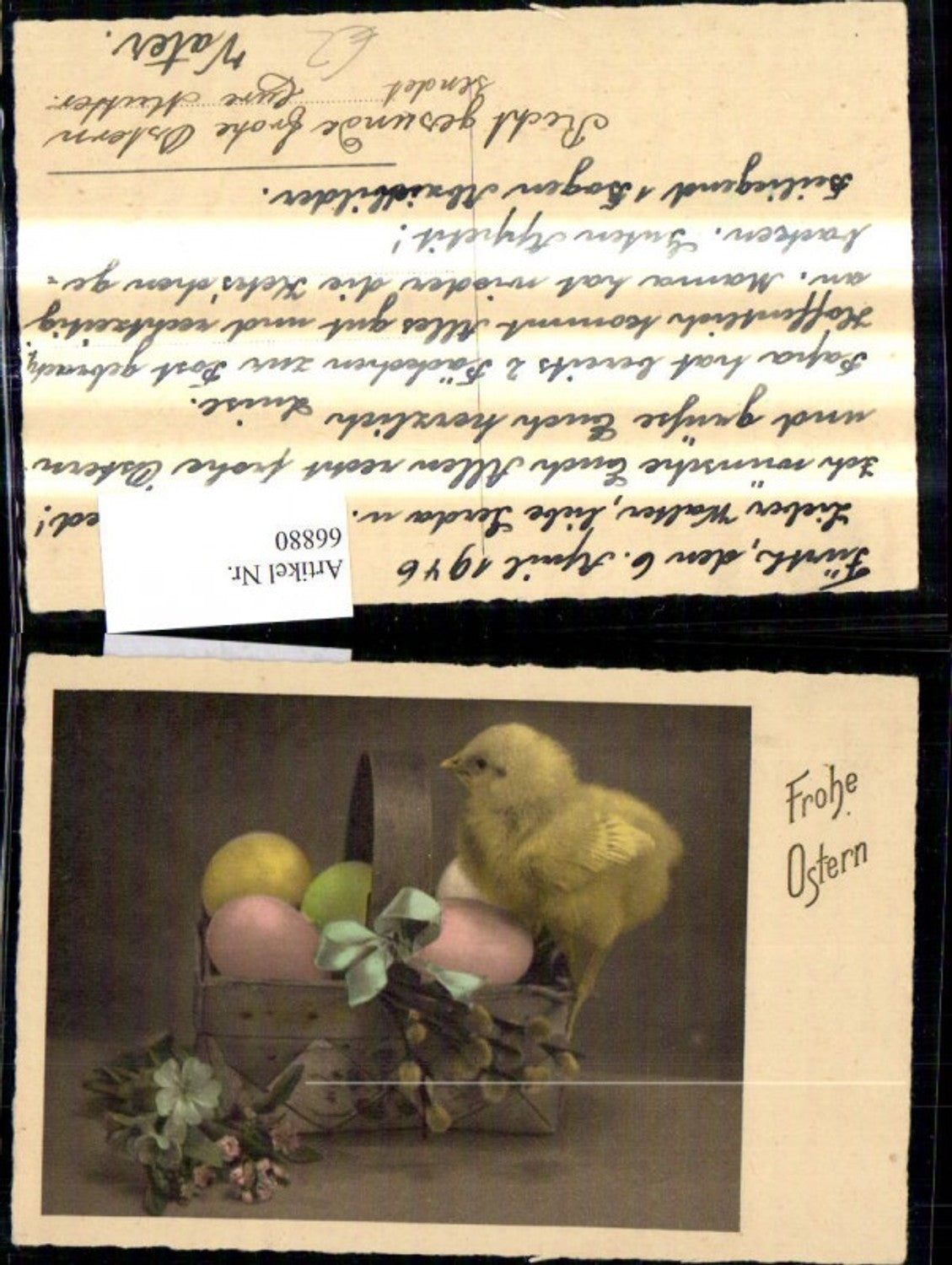 66880,Foto Ak Ostern Küken Korb Ostereier Eier Blumen