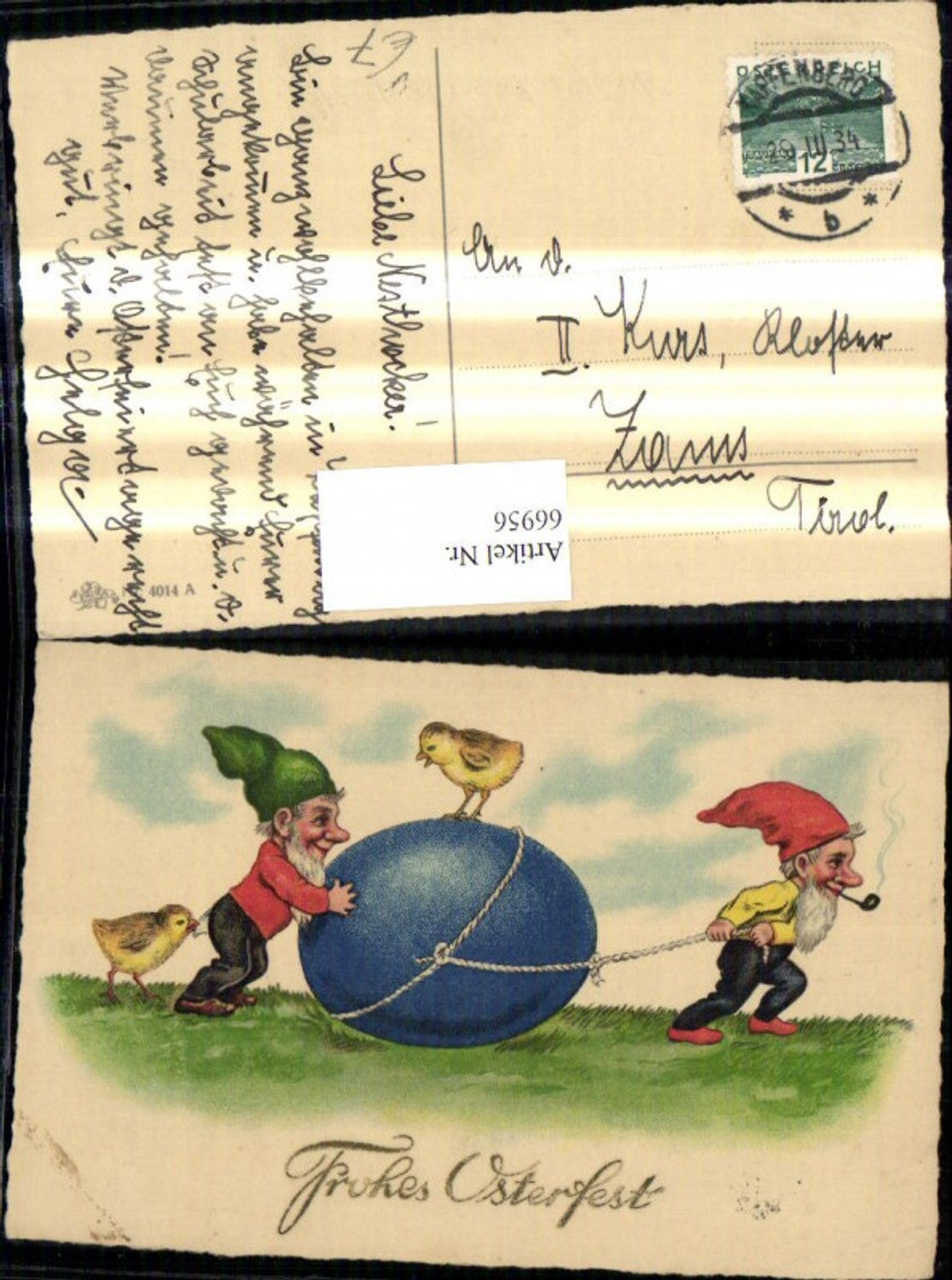 66956,Künstler Ak Ostern Zwerge ziehen Osterei a. Seil Küken Pfeife pub Erika 4014 A