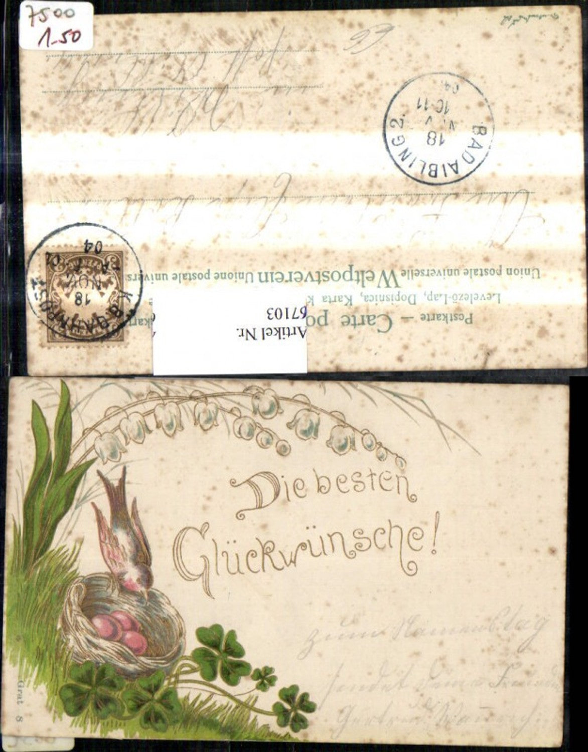 67103,Künstler Präge Ak Ostern Korb m. Eier Schwalbe Vogel Klee Maiglöckchen Blume Goldverzierung
