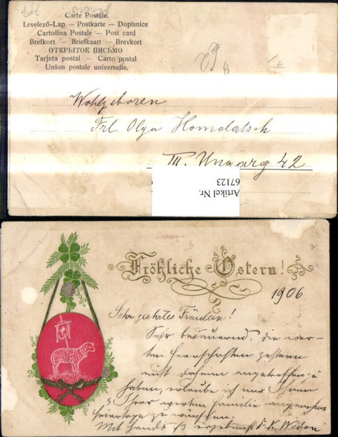 67123,Präge Ak Ostern Osterei m. Lamm Fahne a. Schleife Klee