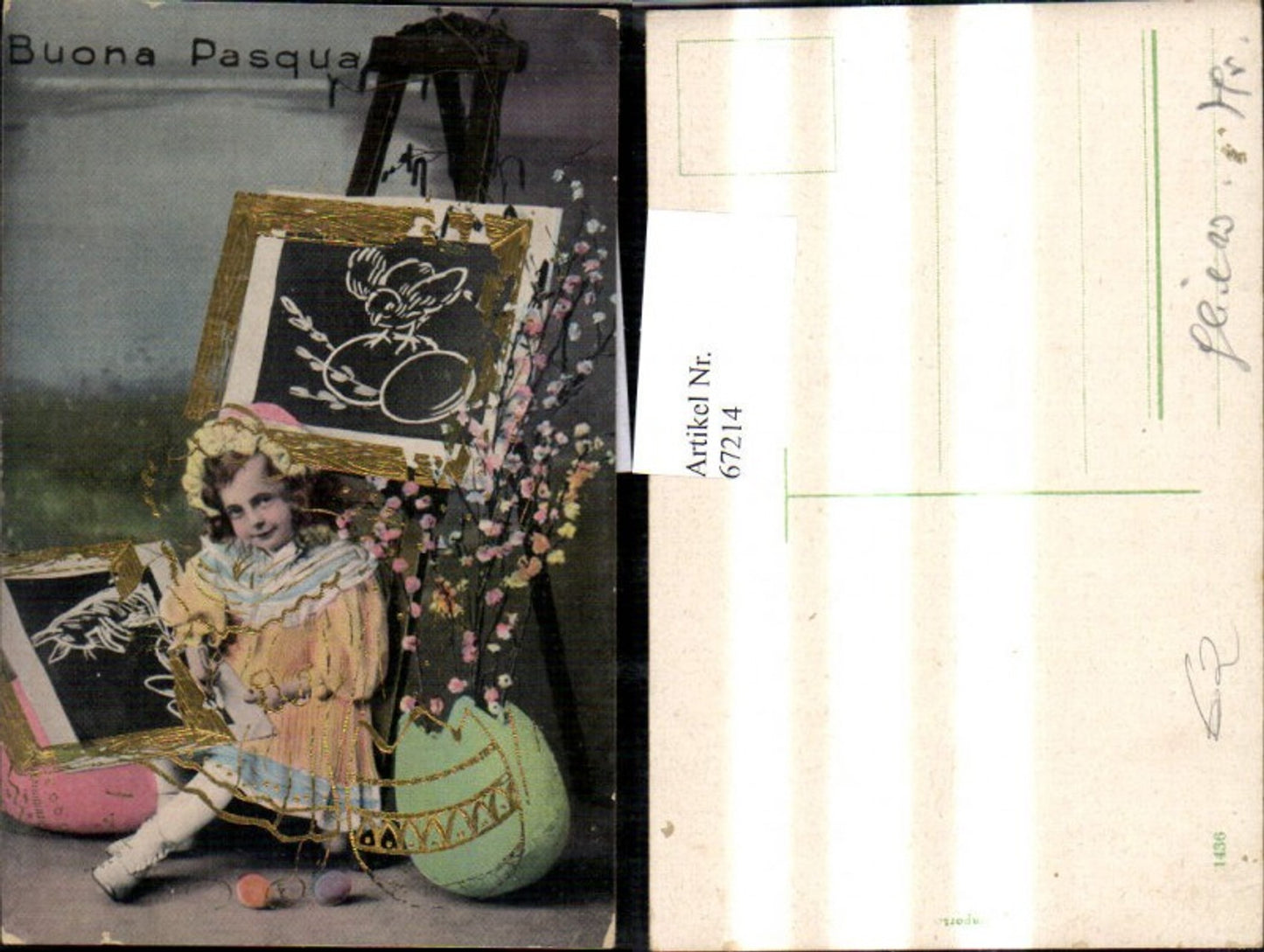 67214,Ostern Mädchen m. Bilder Staffelei Ei Palmkätzchenzweige Goldverzierung Buona Pasqua