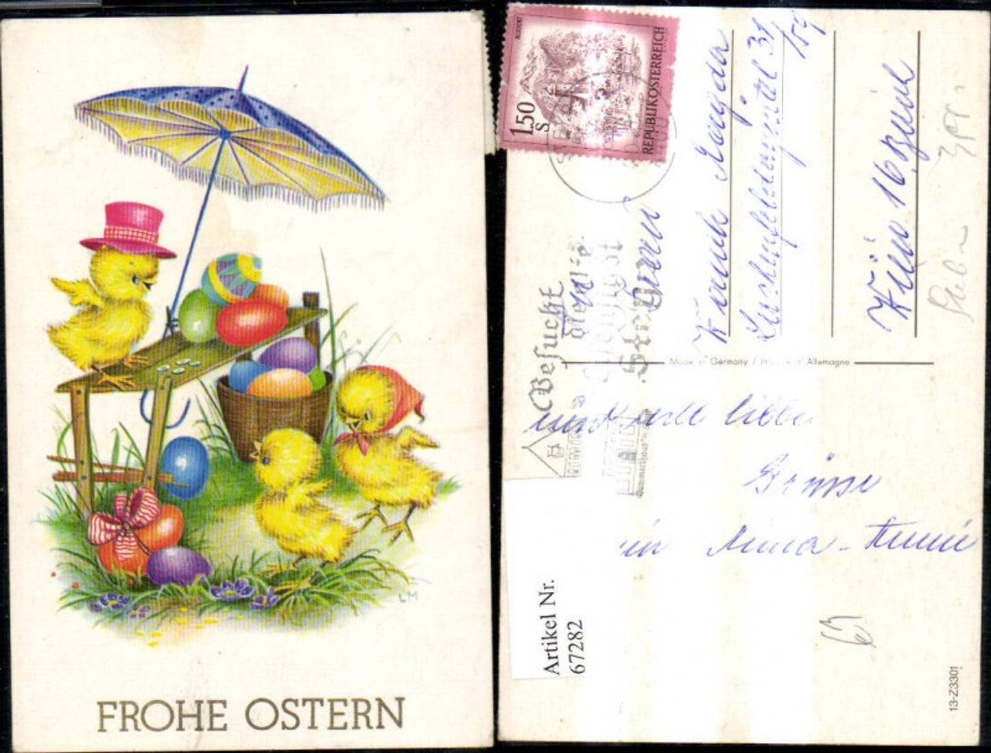 67282,Künstler Ak Ostern Küken Hut a. Tisch Ostereier Eier Sonnenschirm