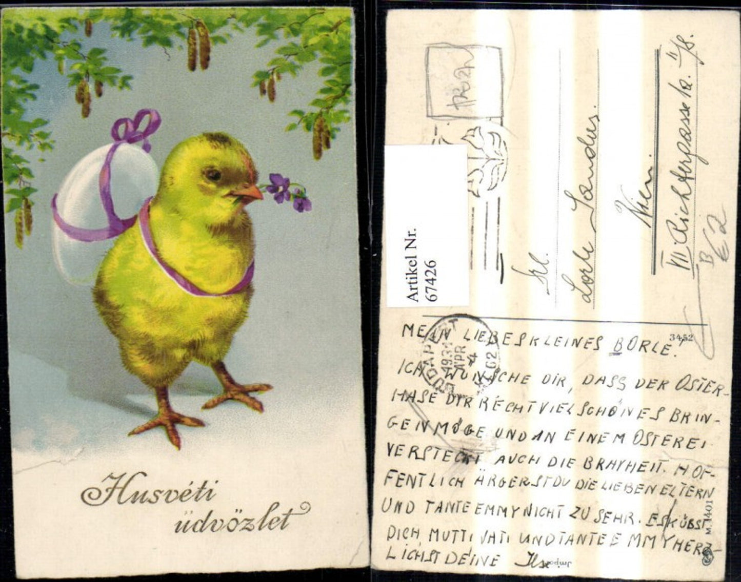 67426,Künstler Ak Ostern Küken m. Ei a. Rücken Schleife Husveti üdvözlet