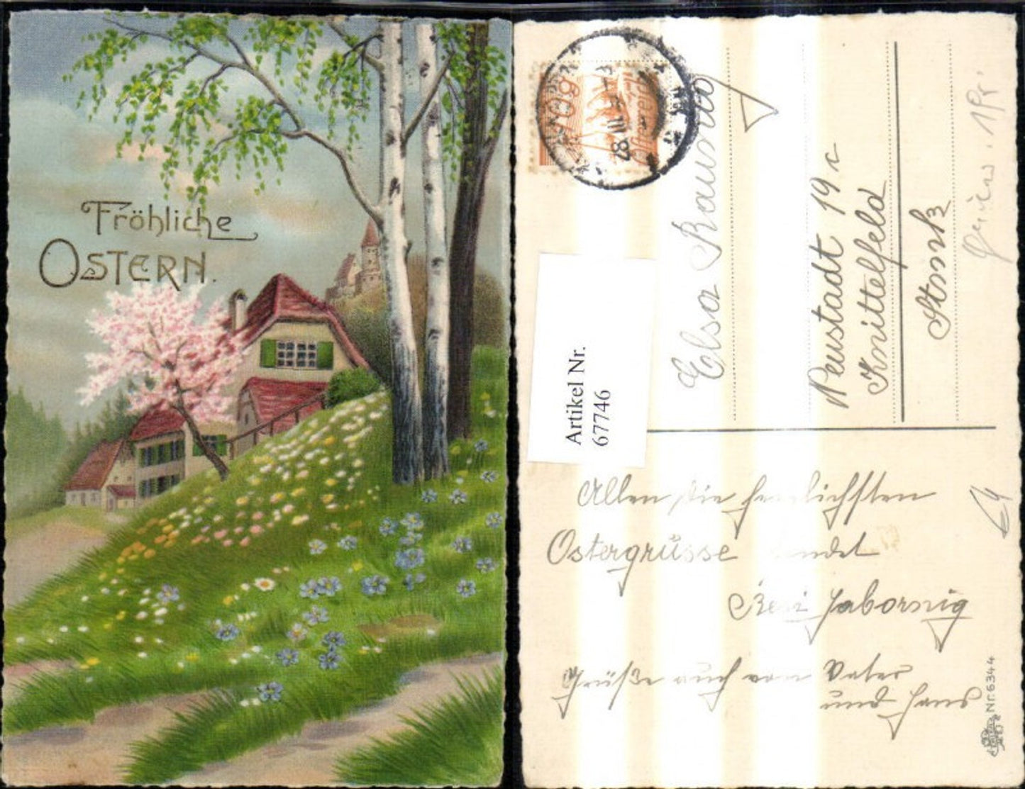 67746,Künstler Ak Ostern Landschaft Häuser Burg Bäume Birken pub Erika 6344
