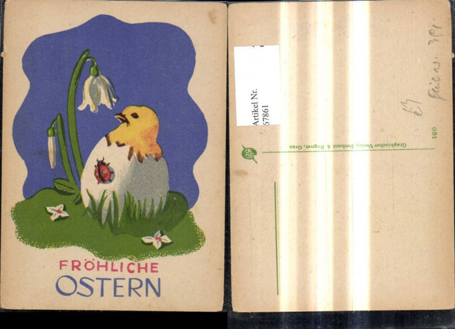 67861,Künstler Ak Ostern Küken i. Eierschale Ei Schneeglöckchen Marienkäfer
