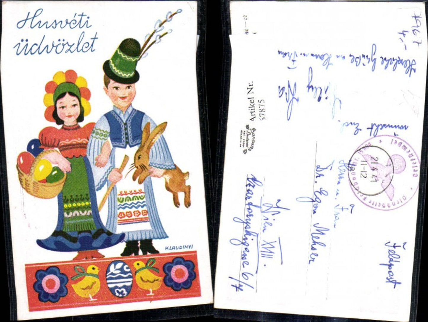 67875,Künstler Ak Klaudinyi Ostern Paar Tracht Korb Ostereier Hase Husveti üdvözlet