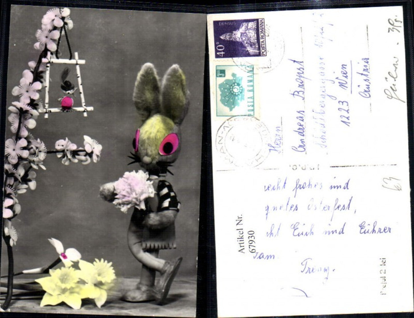 67930,Foto Ak Ostern Hasenfigur gebastel Zweig Blumen