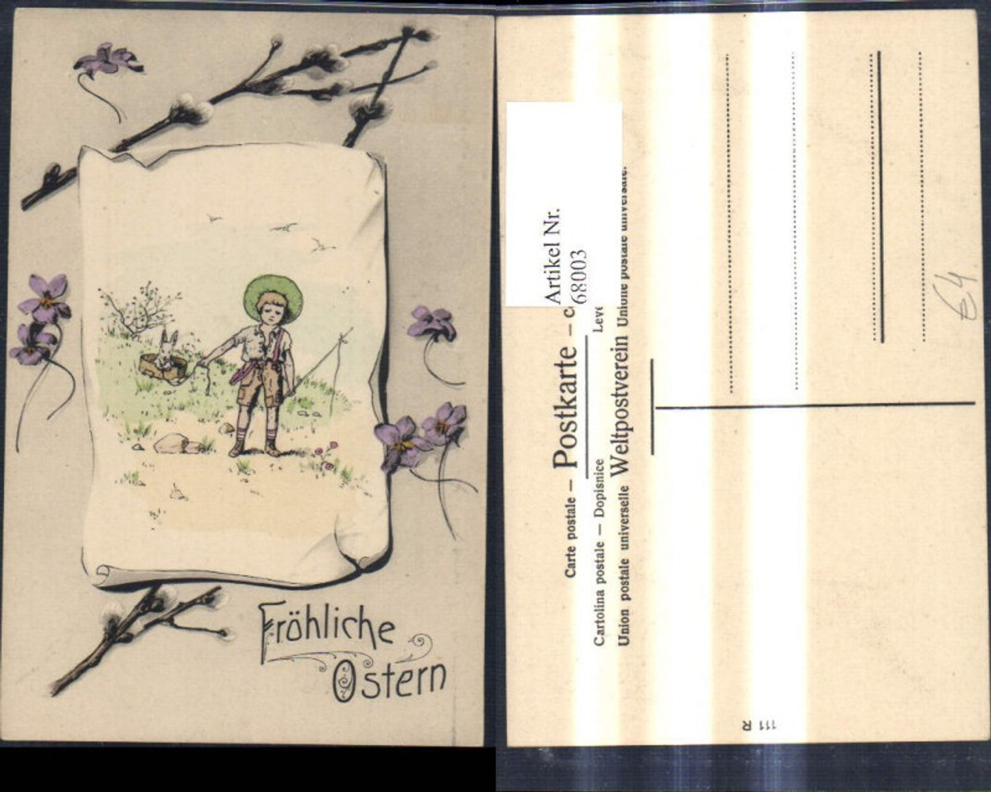 68003,Künstler Ak Ostern Bub Junge zieht Hasen Korb Passepartout Papierrolle Zweige