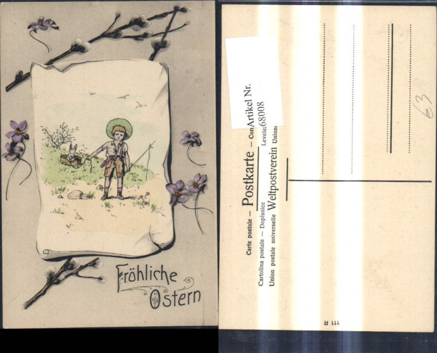 68008,Künstler Ak Ostern Bub Junge zieht Hasen Korb Passepartout Papierrolle Zweige