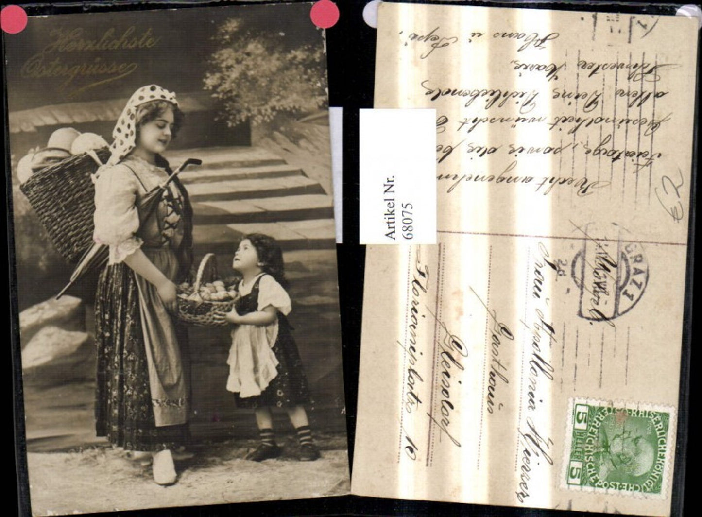 68075,Ostern Frau Mädchen Tracht Rückenkorb Korb Ostereier Eier