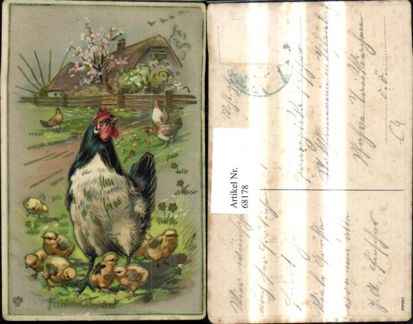 68178,Künstler Ak Ostern Hahn Küken Haus Zaun Goldverzierung