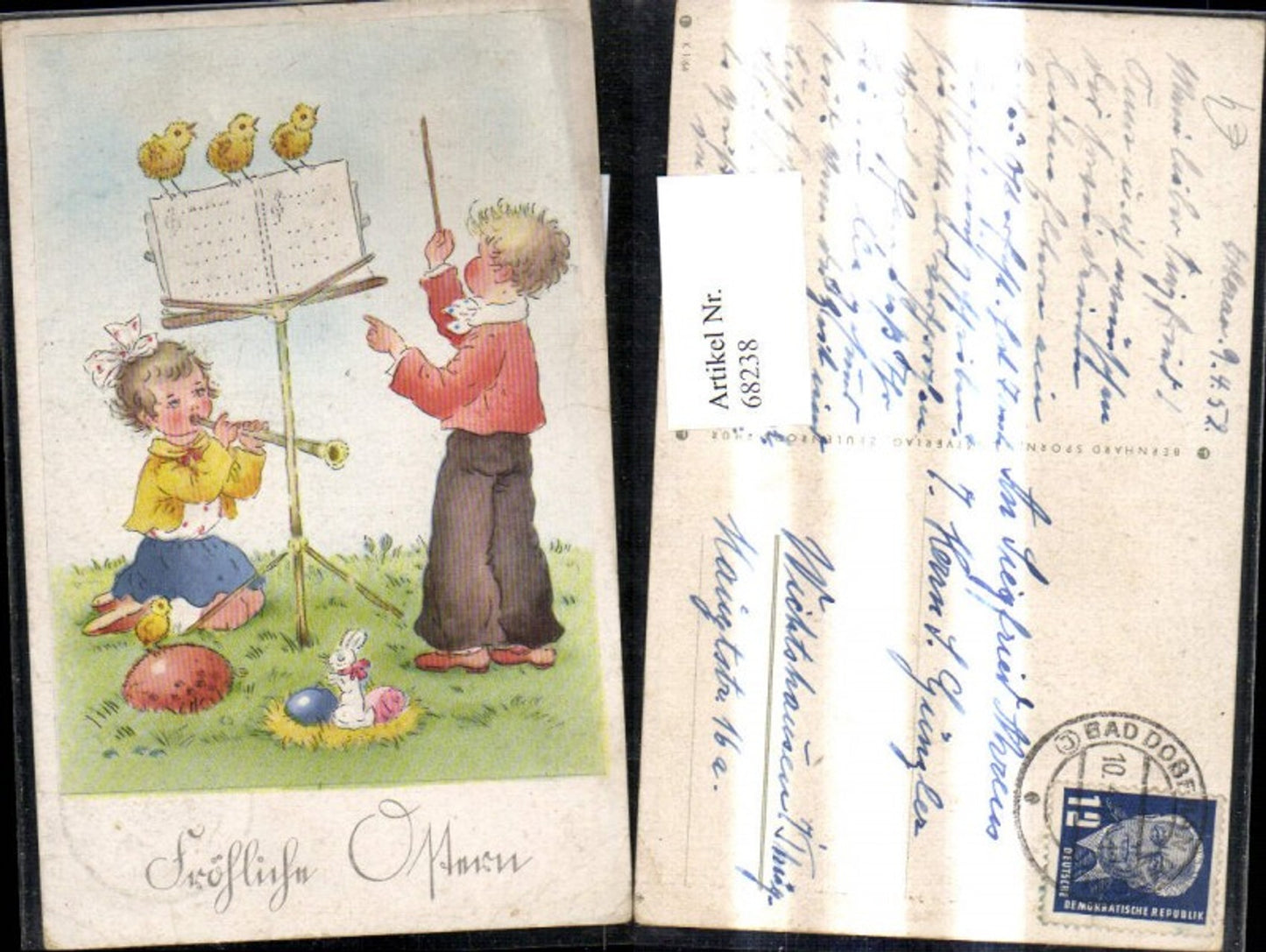 68238, Artist Ak Easter Children's Music Flute Music Stand Rabbit Chick Easter Eggs Eggs