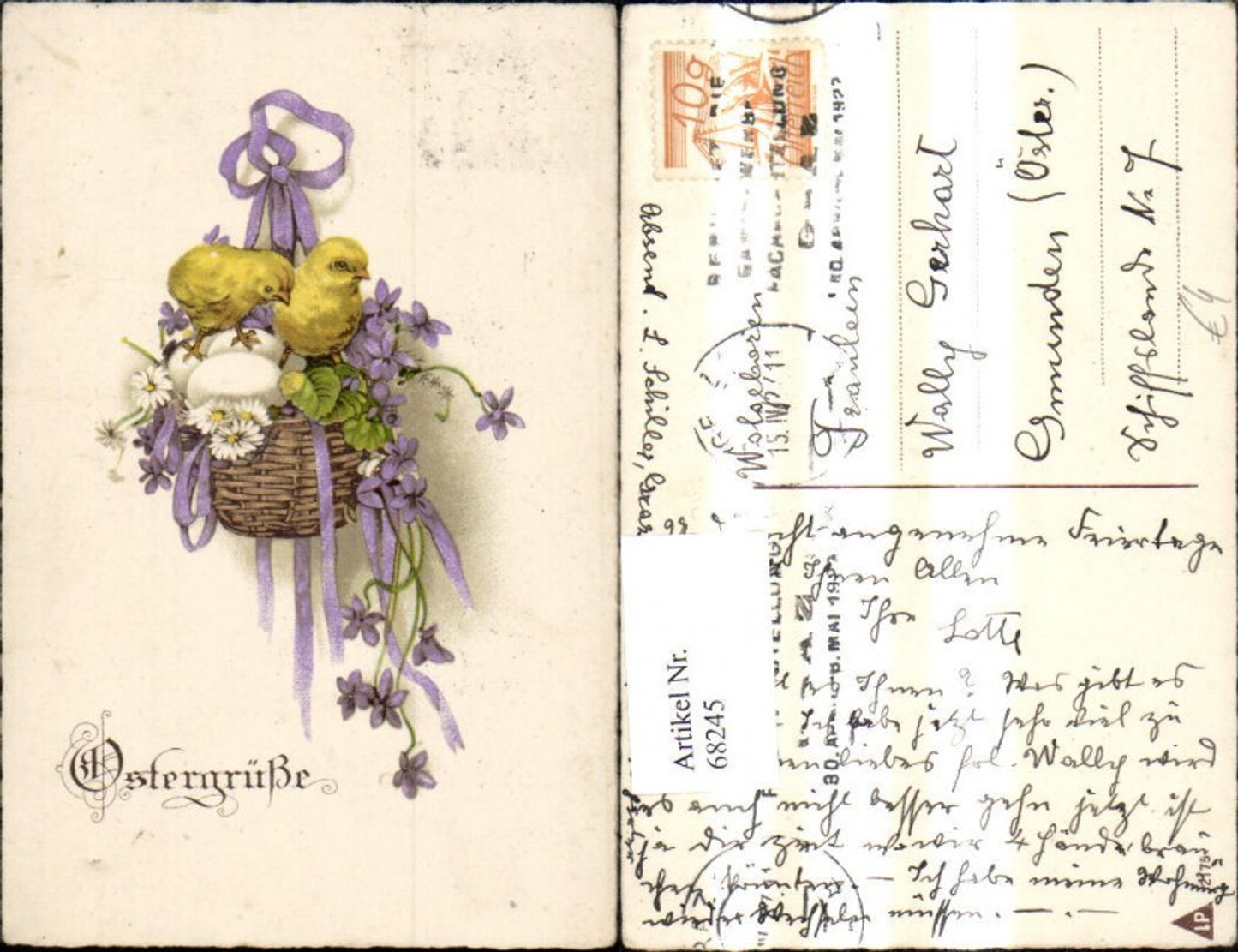 68245, Easter basket with ribbon, chicks, eggs, Easter eggs, flowers