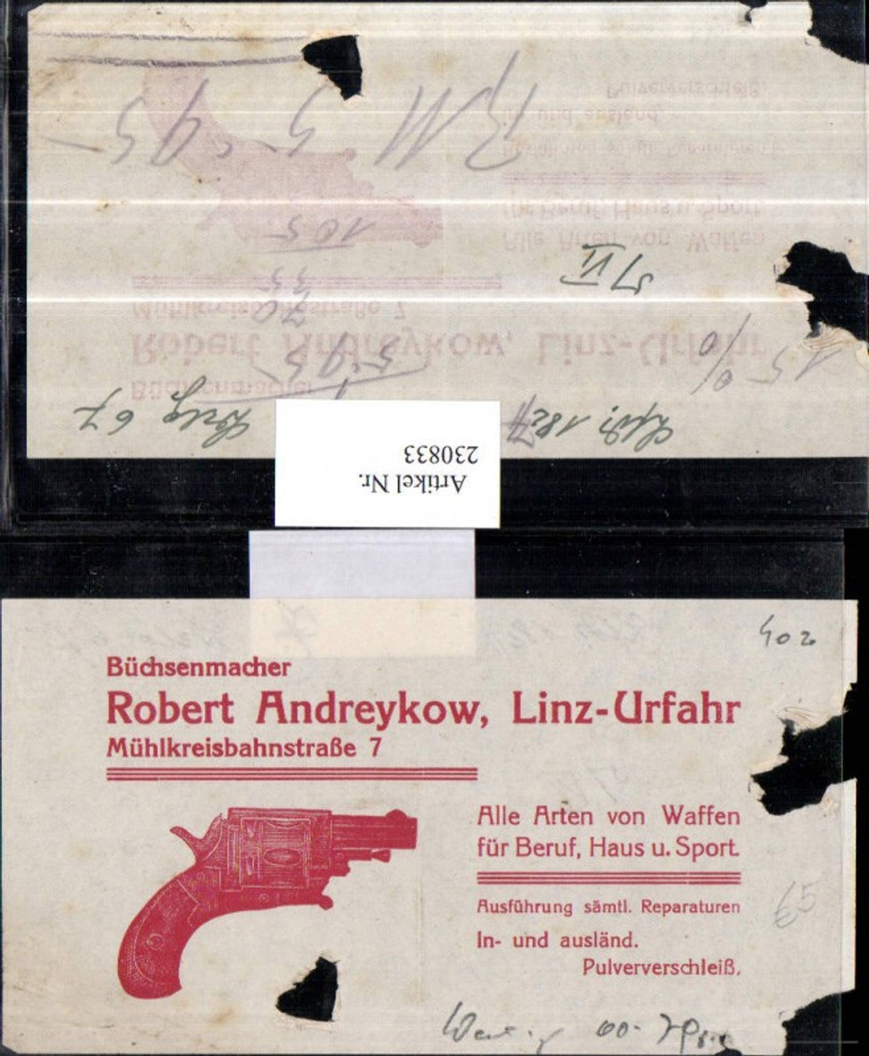 230833,Reklame Werbung Büchsenmacher Robert Andreykow Linz-Urfahr Waffen