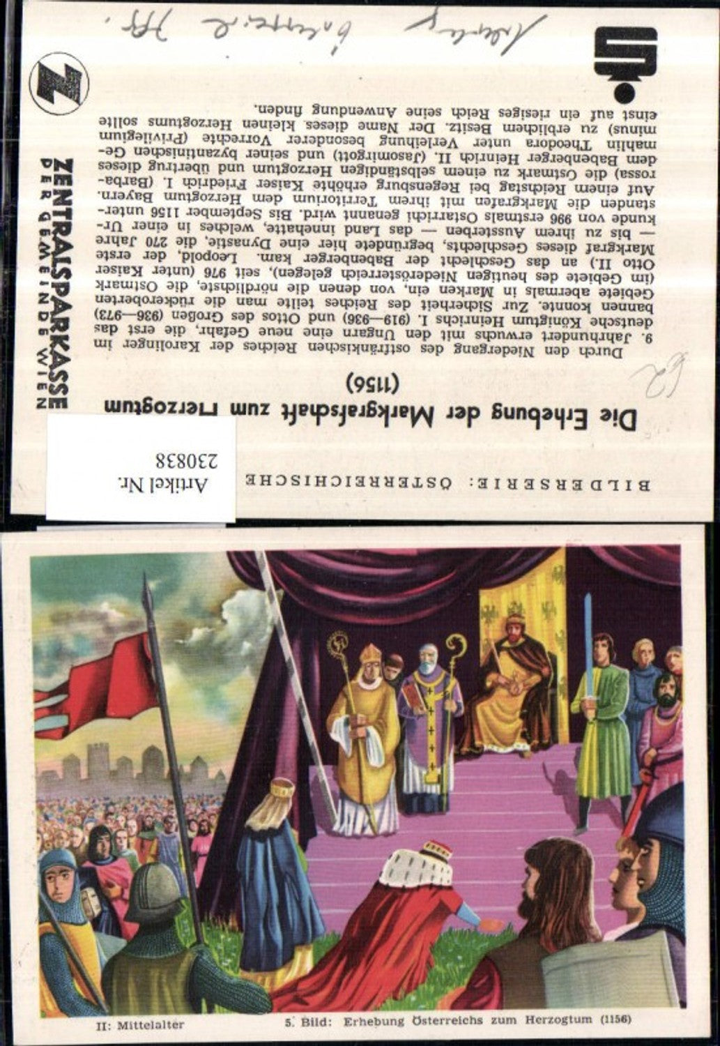 230838,Reklame Werbung Sparkasse Wien Die Erhebung d. Markgrafschaft zum Herzogtum 1156 Text