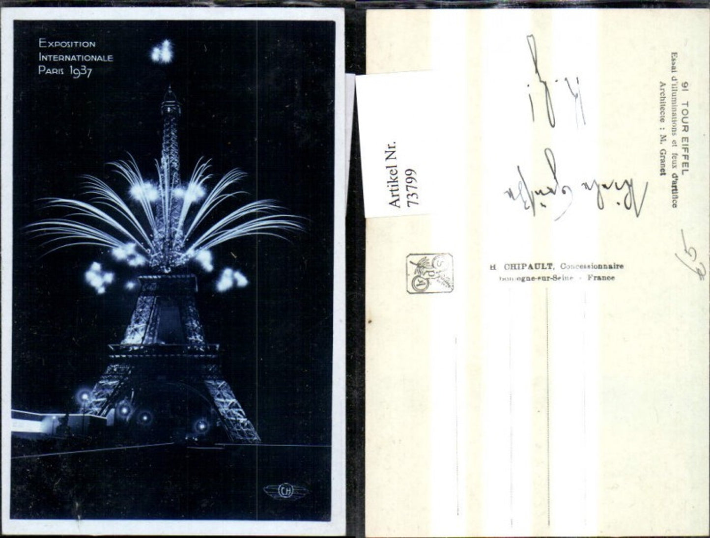 73799,Paris Exposition Internationale 1937 Eiffelturm Feuerwerk b. Nacht
