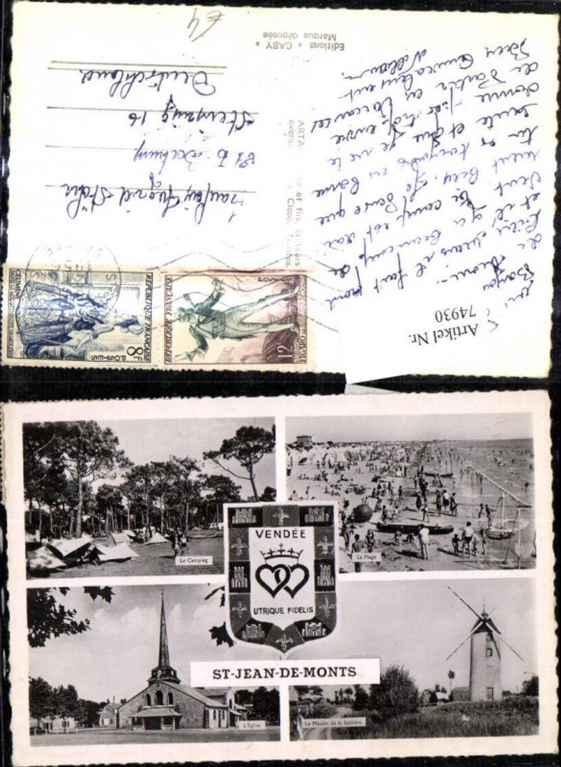 74930,Mehrbild Ak St Jean de Monts Windmühle Strand Wappen