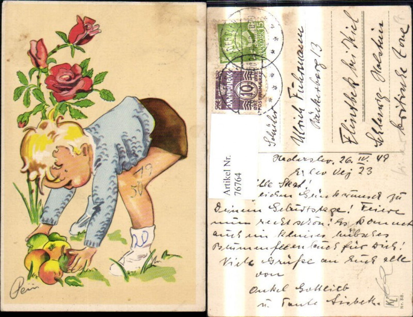 76764,Künstler Ak Bub Junge m. Obst Äpfel Roter Rose Blumen