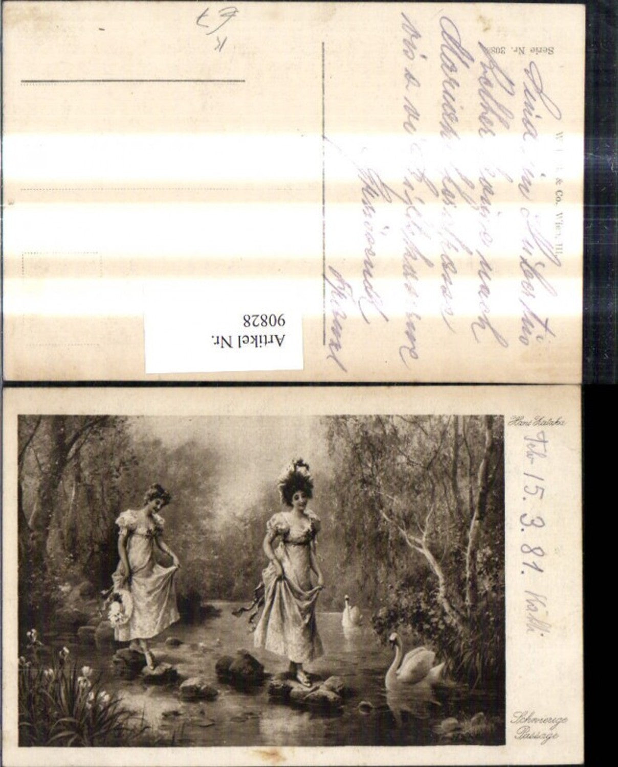 90828,Künstler Ak Hans Zatzka Schwierige Passage Frau gehen a. Steinen Fluss Schwäne Schwan