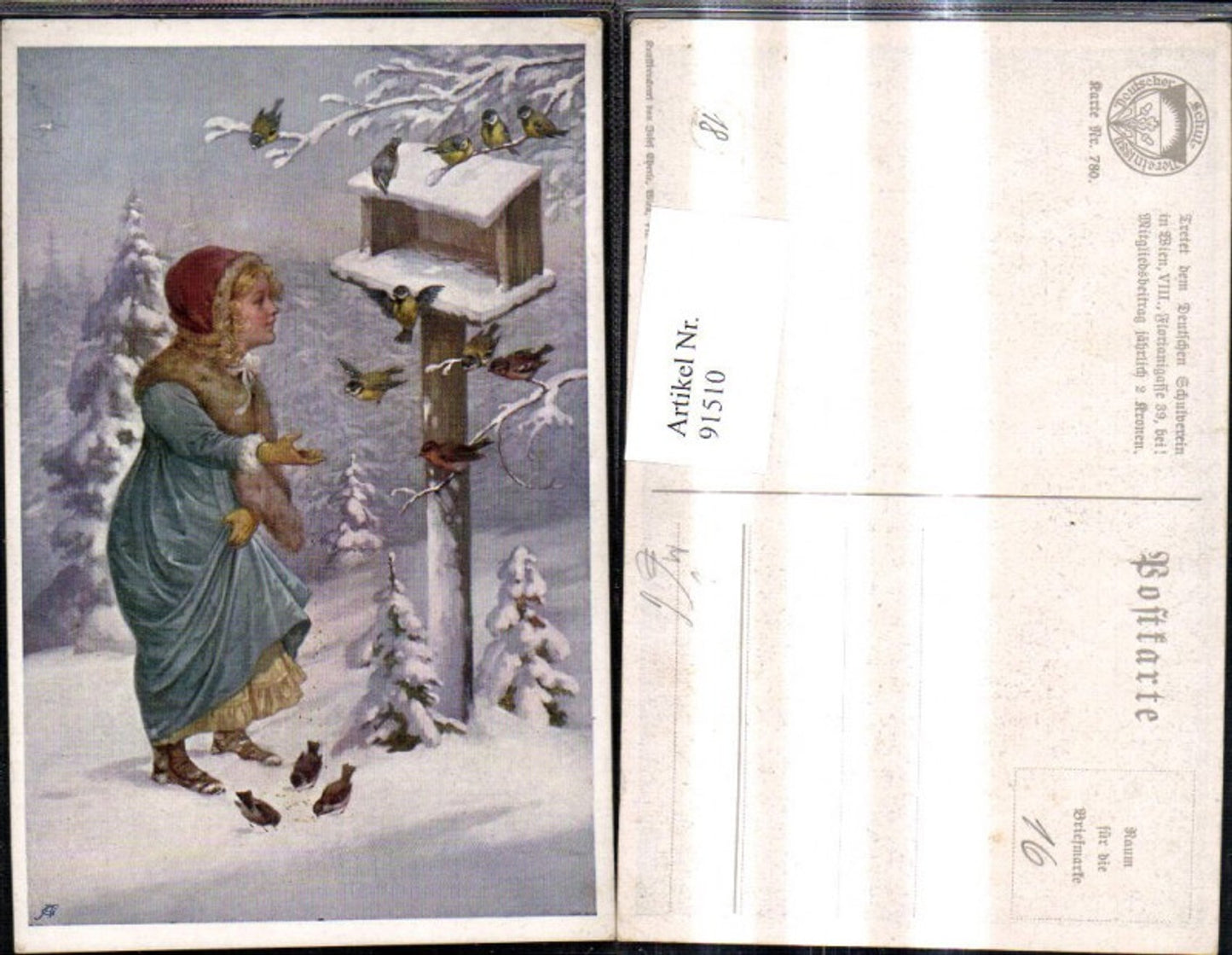 91510,Deutscher Schulverein 780 Mädchen Vogelhaus i. Winter Vögel