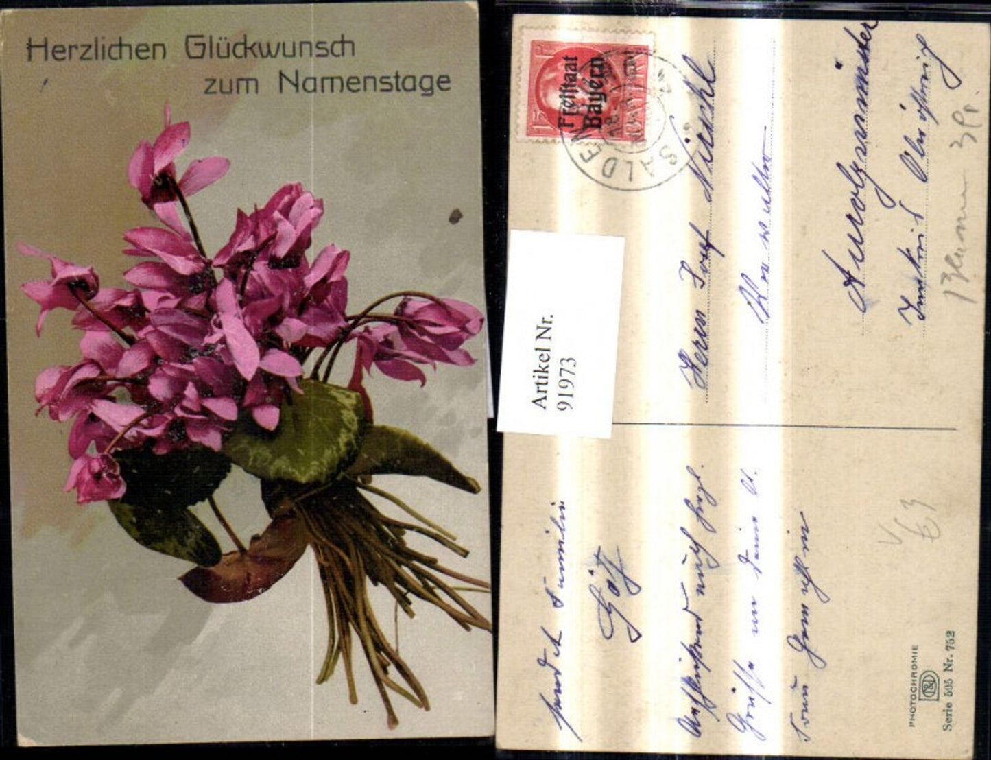 91973,Photochromie Nenke & Ostermaier 505/752 Blume Alpenveilchen Strauß Namenstag