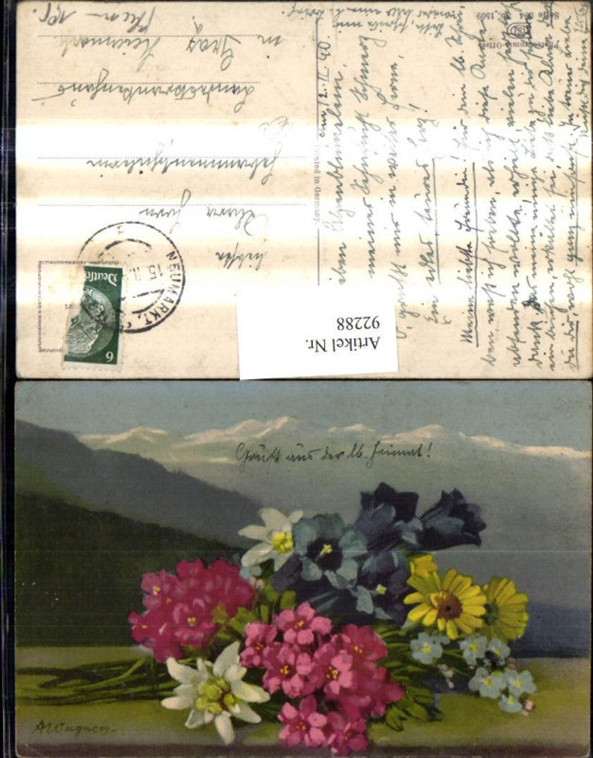 92288,Photochromie Nenke & Ostermaier 584/1509 A. Wagner Alpenflora Strauß Edelweiß Enzian Alpenrose